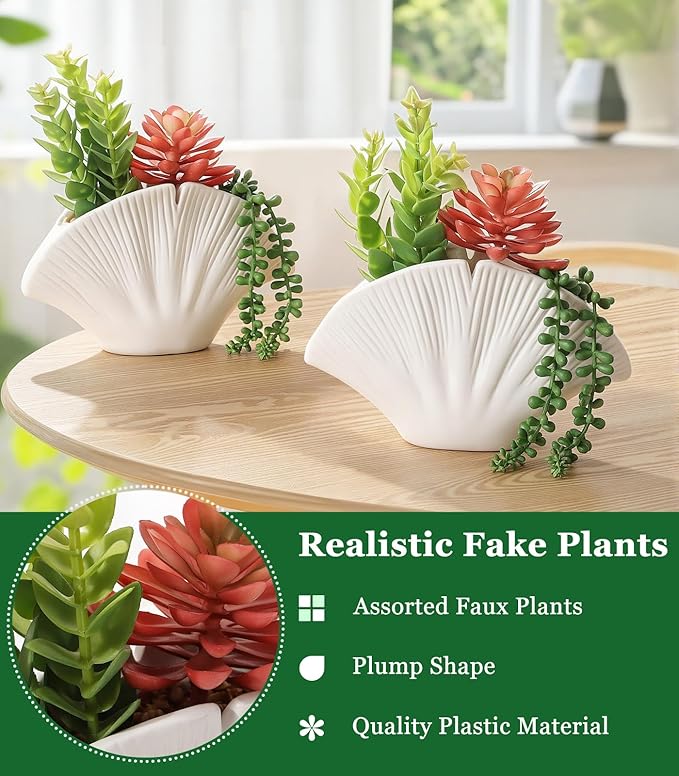 Lewondr Fake Plants, 2 PCS Artificial Plants with Sea Shell Pots, Assorted Fake Succulents in Coastal Beach Decor, Artificial Greenery Ocean Seashell Series for Home Office Bedroom Beach Theme Party