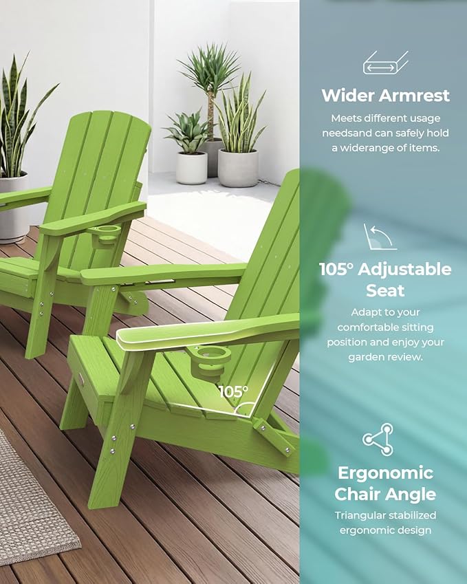 Folding Adirondack Chair, HDPE All-Weather Fire Pit Chairs, Plastic Adirondack Chairs with 2 Cup Holder, Outdoor Lawn Chair for Patio Garden (Light Green)