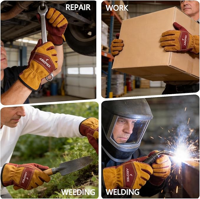 10IN Leather Work Gloves, Heavy-Duty Welding Gloves for MIG TIG Welding, Gardening, Construction, Farm, Wood Chopping Cowhide with Cotton Liner Safety Thorn Proof Gloves Hand Protection(Large)
