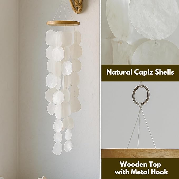 Solange & Frances Natural Capiz Shell Wind Chimes for Outside - Unique Valentines Day Gifts, Gifts for Women Who Have Everything, Gift for Men. Sea Glass Windchimes for Outdoor Decor or House Decor