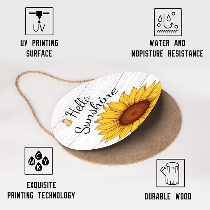 Hello Sunshine Door Sign For Front Door Decor,Spring Summer Sunflower Butterfly Wooden Sign 12"x 12" Round Hanging Door Sign Decoration for Wall Rustic Decor