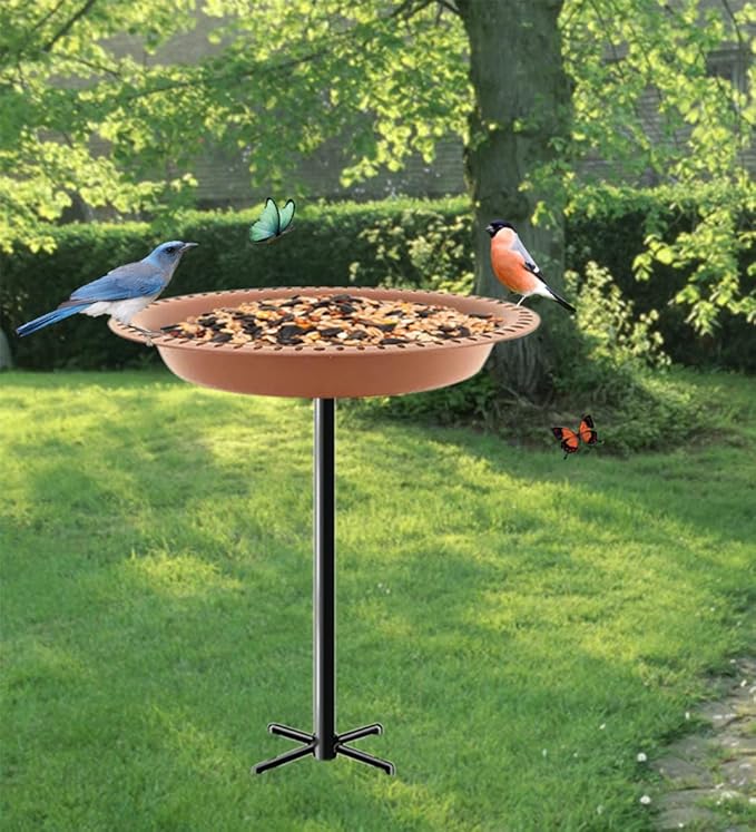 Garbuildman Upgraded 5-Prong Base Bird Bath with Metal Stake, Detachable Decoration Bowl Spa & Freestanding Birdfeeder for Outdoor Garden, Oval Style, Brown