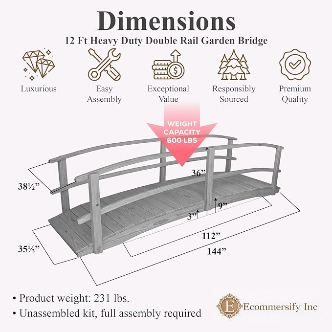 12 FT Grey Amish Made Garden Bridge with Double Rails for Walkway, Backyard Pond & Landscaping, Outdoor Wooden Footbridge for Koi Pond, Japanese Style Decorative Bridge, Made in USA