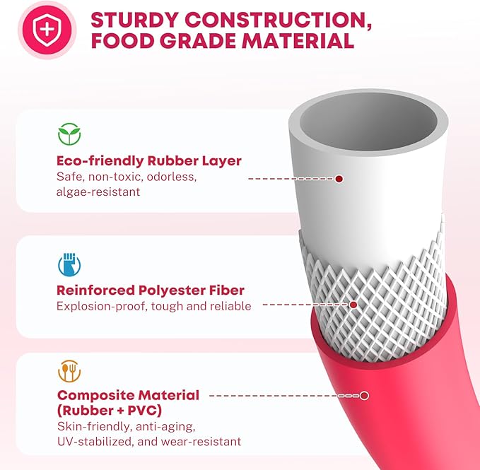 Kohree 25FT RV Water Hose, 5/8'' Premium Drinking Water Hose Leak Free, No Kink and Flexible Garden Hose with Storage Bag, Ideal for RV, Camper, Garden, Truck, Car - Pink