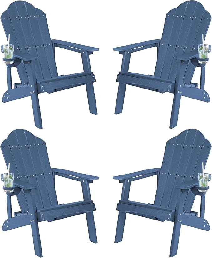LUE BONA HDPE Adirondack Chair,Plastic Adirondack Chairs with Cup Holder Weather Resistant for Outdoor, Patio, Lawn, Garden, Backyard Deck, Fire Pit, Blue