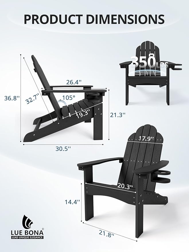 LUE BONA HDPE Adirondack Chair,Plastic Adirondack Chairs with Cup Holder Weather Resistant for Outdoor, Patio, Lawn, Garden, Backyard Deck, Fire Pit, Black
