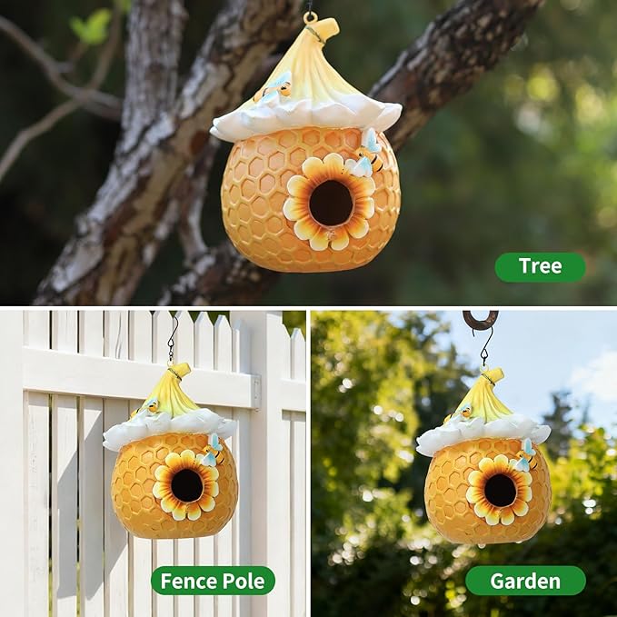 Bird Houses for Outside Pink Cottage Resin Birdhouse, Garden Outdoor Decor Bird House with Flower and Bees, Birdhouses for Outdoors for Bluebird Finches Cardinals