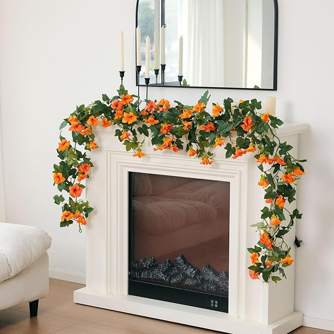 Mizii Artificial Petunias Flower Vines Garland 6 Feet Orange Faux Morning Glory Silk Flowers Garland UV Resistant Fake Hanging Vines Plants Decorations for Outdoor Garden Indoor Home Decor (Orange)
