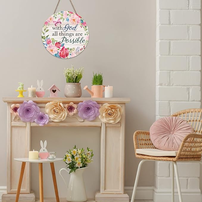 Spring Welcome Wreaths Sign Farmhouse Spring Door Hanger with God all Things are Possible Wall Sign Inspirational Hanging Decorations Religious Faith Decor Summer Flower Butterfly for Front Door