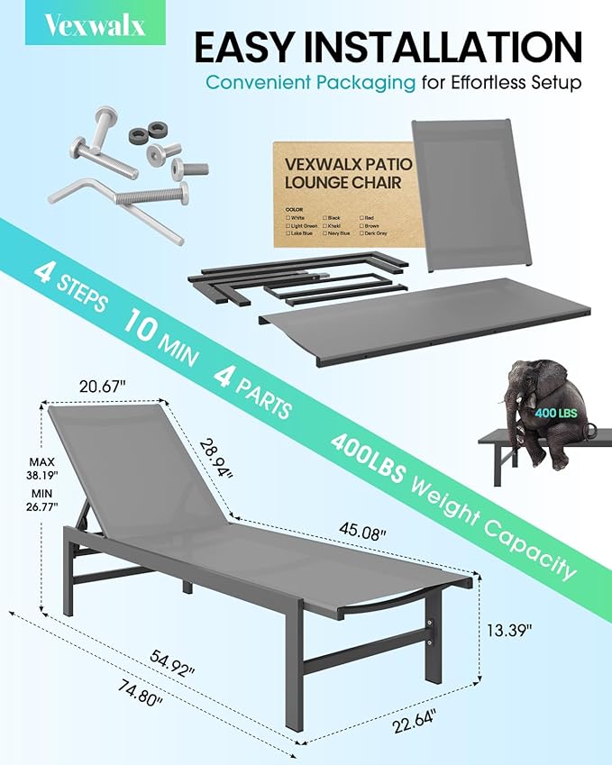 Outdoor Lounge Chairs, Aluminum Chaise Lounge Chairs with 5-Position Recliner, Patio Lounge Chair for Backyard, Poolside, Deck, Lawn