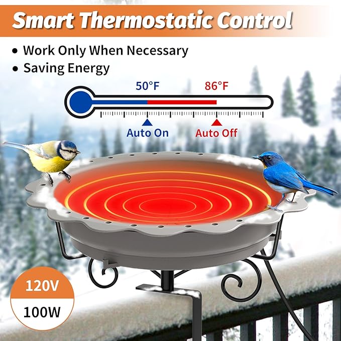 Heated Bird Bath for Deck Railing, Powerful 100W Thermostatically Controlled Heated Bird Baths for Outdoors for Winter, Heated Birdbath Water Heater for Outside Garden Yard Patio Lawn (Grey)