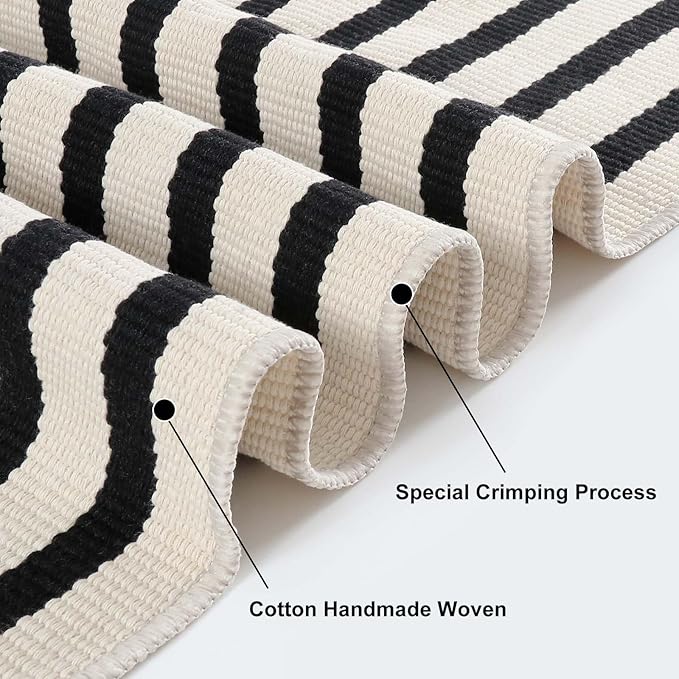 Black and White Striped Rugs 2.3'x3.6', Washable Hand Woven Front Door Rug, Reversible Outdoor Welcome Mat Foldable Layered Door Mats for Entryway Porch Decor Home Entrance