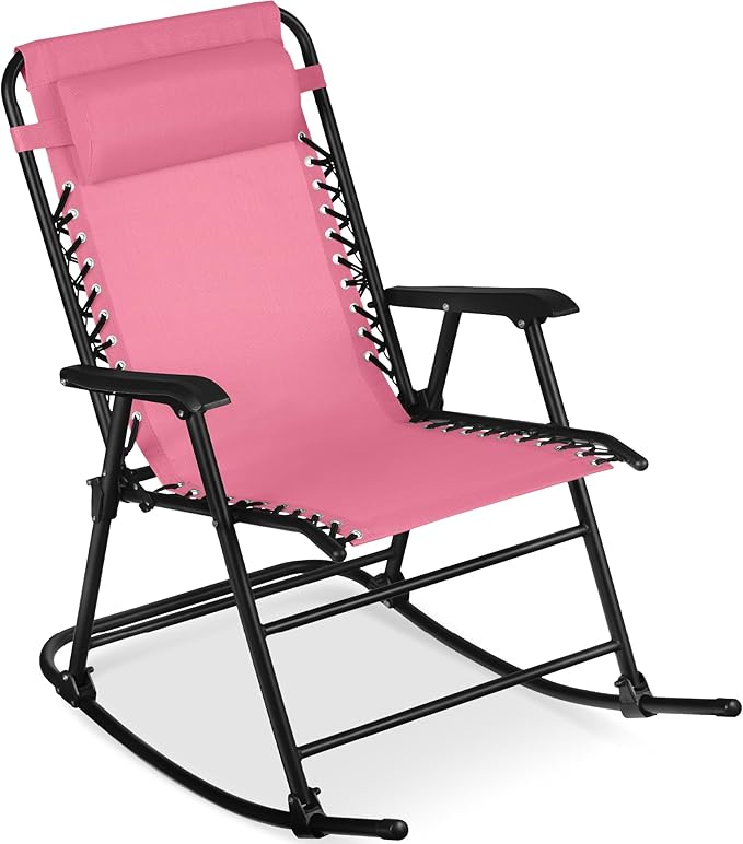 Best Choice Products Outdoor Folding Rocking Chair, Zero Gravity Lounge Chair, Patio Rocker w/Headrest Pillow - Pink