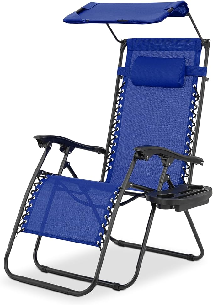 Magshion Zero Gravity Lounge Chair with Canopy, Outdoor Foldable Patio Reclining Chair with Side Tray, Adjustable Anti-Gravity Recliner with Pillow Headrest, Lounger for Lawn Camping Beach (Blue)