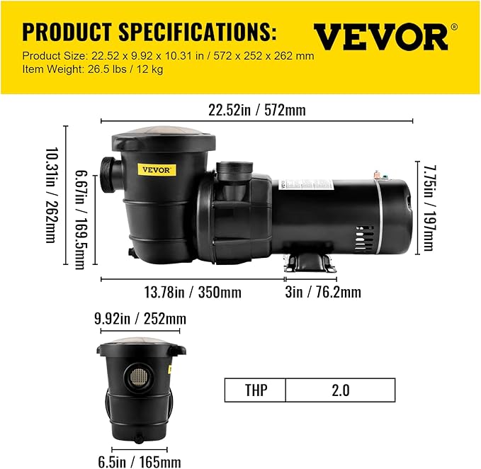 VEVOR Swimming Pool Pump, 2.0HP 115 V, 1500 W Single Speed Pumps for Above Ground Pool w/Strainer Basket, 5400 GPH Max. Flow, Certification of ETL for Security