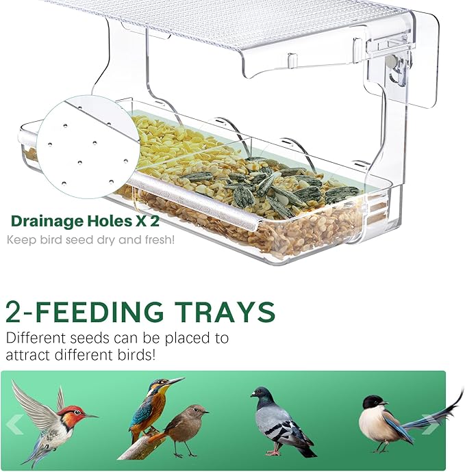 Window Bird Feeder for Outdoors, Clear Birds Feeders Window Mounted with Self-Adhesive Hooks, Outside Wild Bird Watching for Hummingbird,Finch in Garden, Yard, Elderly Kids Viewing