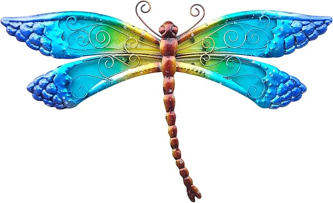 Handmade Metal Dragonfly Wall Decor - Outdoor Garden Fence Art - 15" Rustic Scenic Wall Art for Patio, Bedroom, Bathroom Vivid Hanging Decoration is an ideal Gift for a Father, Mother, and Grandmother