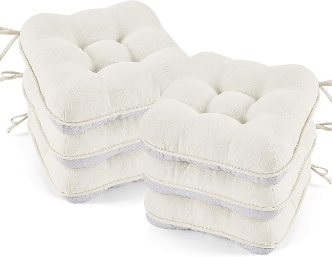 BETU White Chair Cushions for Dining Chairs Set of 6,3.5" Thick Kitchen Table Chair Pads with Ties,Non Slip Backing and Covers, Seat Cushion for Dining Room,Bar,Patio Chairs,16"X16"X3.5",White