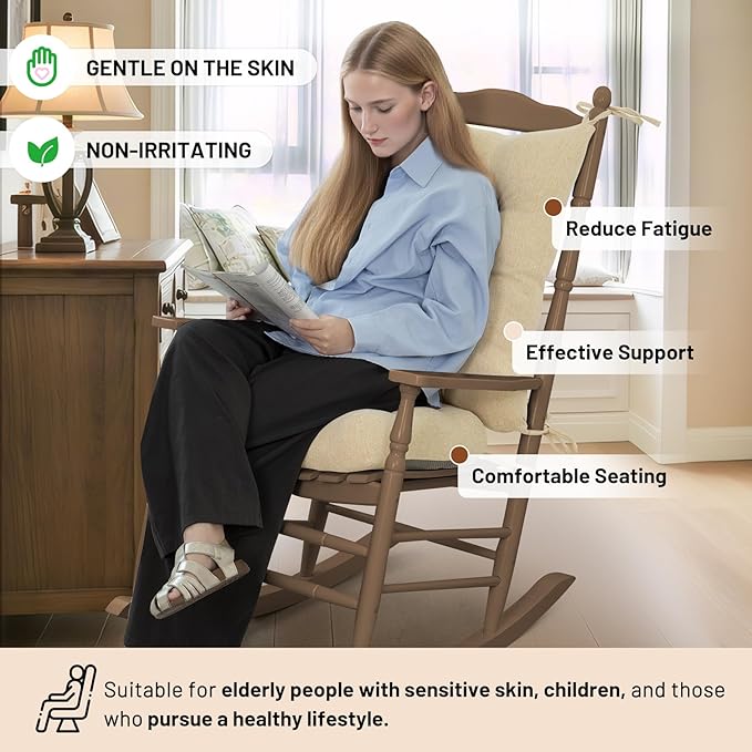 Lokex Rocking Chair Cushion 4 Inch Extra Thick, Cushions for Rocking Chairs Set of Seat and Back with Ties, Linen Fabric Indoor Outdoor Rocker, 17x21 & 17x17 Inches (Beige)