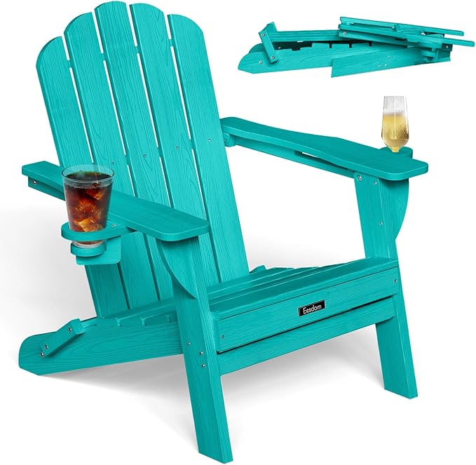 Folding Adirondack Chair, HDPE Adirondack Chair with 2 Cup Holders, Pre-Assembled Outdoor Fire Pit Chairs for Patio, Garden, Poolside, Lakeblue