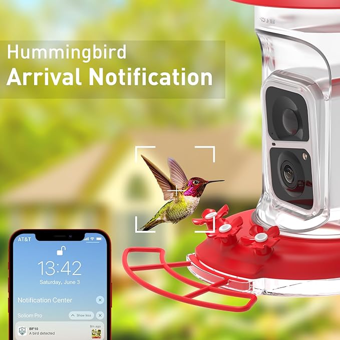 Soliom Hummingbird Feeder with Camera, Smart Feeder Camera Solar Powered with 2K Live View AI Identify, Leak Proof & Ant Moat & Bee Proof, Outdoor Pole/Hook Hanging, 16 OZ Ideal Gifts for Family-Red