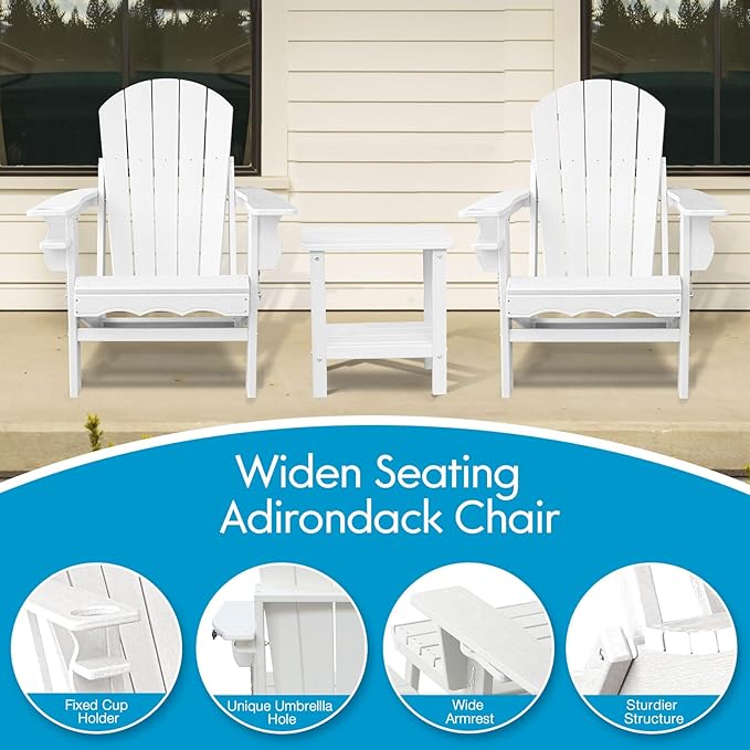 Folding Adirondack Chairs with Side Table, White Adirondack Chairs Weather Resistant, Outdoor Fire Pit Chairs for Patio Garden and Deck