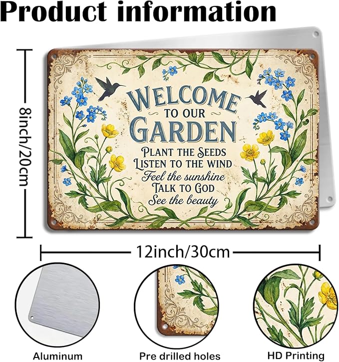 Religious Garden Tin Sign - "Welcome to Our Garden" Inspirational Metal Plaque - 8x12 Aluminum Christian Wall Decor with Bible Verse - Metal Sign Spiritual Gifts for Shed, Mom, Grandma, Prayer Garden
