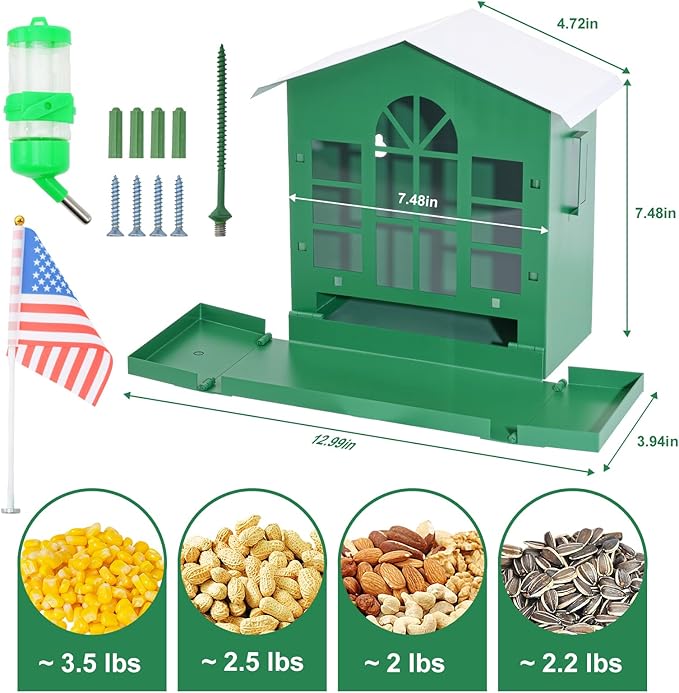 Squirrel Feeder,Metal Squirrel Feeder for Outside,with Water Bottle, Flag and Corn Cobs Holder,Outdoors Chipmunk &Squirrel Picnic Bench Feeders Table,Easy to Install & Refill