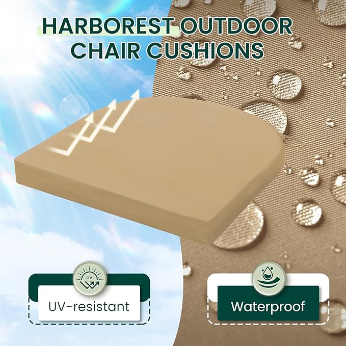 HARBOREST Outdoor Chair Cushions Set of 6, Water Resistant Patio Chair Cushions with Ties, Outdoor Seat Cushions for Patio Furniture, 17"x16"x2", Khaki