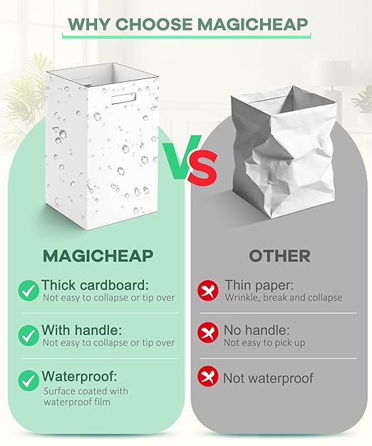 4 Pack Corrugated Cardboard Disposable Trash Cans for Parties, 40 Gallon Collapsible Garbage Cans with Handle, Thick Foldable Bins for Party Events Camping Beach(18.1" L x 18.1" W x 35.7" H), White