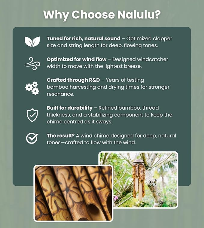 Rustic Bamboo Wind Chimes - Outside Outdoor Wooden Windchimes, Small, Floral Burned Design with Coconut Crown, Handcrafted with Calming Deep Tones, Home Decor Ideal Gift for Him & Her