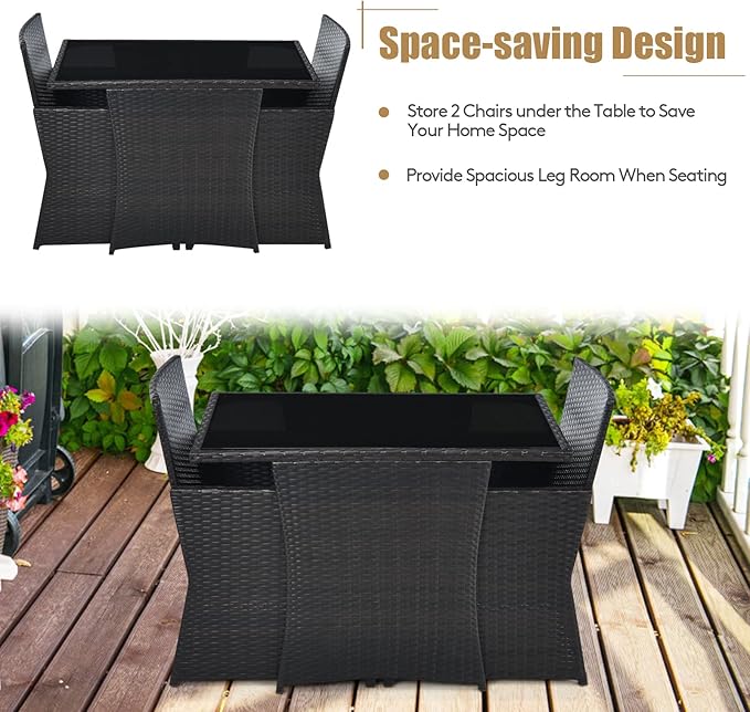 Tangkula 3 Pieces Patio Dining Set, Space-Saving PE Rattan Bistro Set with Tempered Glass Top Table and Cushioned Chairs, Outdoor Conversation Set for Garden Backyard Poolside Porch (Blue)