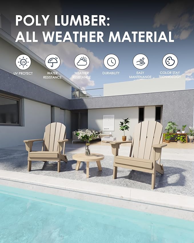Folding Adirondack Chairs Set of 2, All-Weather Resistant HDPE Patio Firepit Chairs, Sturdy Outside Chairs with Cup Holder, Lawn Chairs, 80% Pre-installed Load Capacity 385lb, Weathered Wood