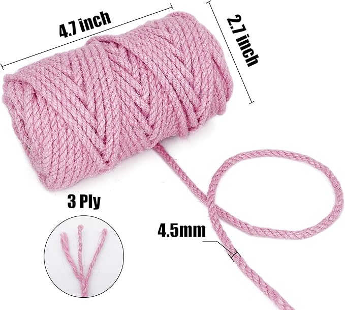 Leecogo 4.5mm Jute Rope 100 Feet Natural Craft Rope Twine String Perfect for Home Gardening Macrame Arts Crafts DIY Cat Scratching Post Replacement Repairing Recovering Cats Toy Making,Pink