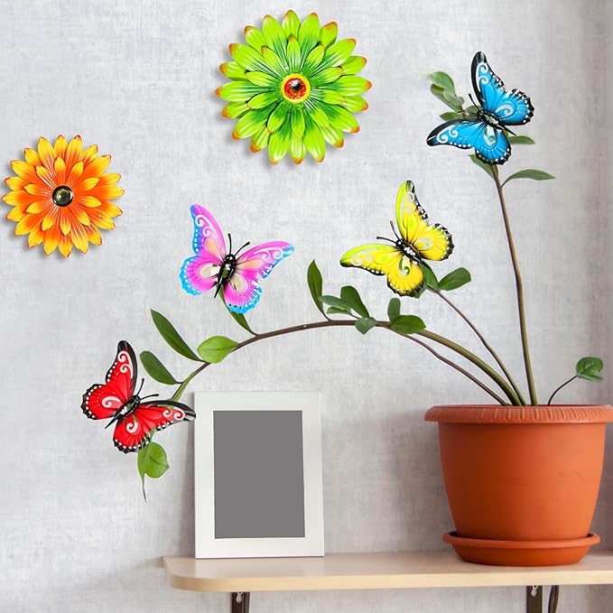 Gisafai 10 Pack Metal Flowers Wall Art Decor Outdoor, 3D 6 Pcs Daisy Flowers 4 Pcs Butterfly Metal Wall Art Fence Hanging for Fence, Patio, Garden, Backyard, Lawn, Balcony(Vintage)