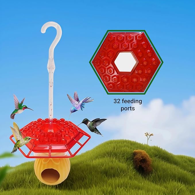 Hummingbird Feeders for Outdoors Hanging, 10 oz Wild Bird Feeder with 30 Feeding Ports,Sherem Hummingbird Feeder and Built-in Ant Moat, Easy to Clean and Refill (Red)