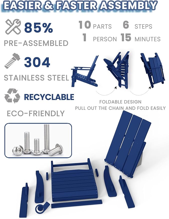 Adirondack Chair with Cup Holder Set of 2, Folding Outdoor Lawn Chair, HDPE Plastic Fire Pit Chair, Weather Resistant Patio Chairs for Deck, Porch, Backyard, Garden, Navy Blue