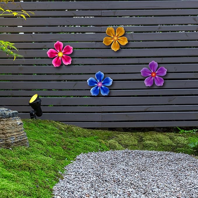 Giyyomtr Flowers Outdoor Wall Decor - 4 Pack 6.2'' Metal Flower Wall Art Hanging Decorations for Outdoor Fence Garden Yard Patio Decor, Gift for Mom Friends