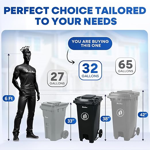 32 Gallon Step-On Large Outdoor Trash Can with Lid and Wheels - Outside Plastic Rolling Garbage Can - Rollout Commercial Heavy-Duty Container Barrel, Gray