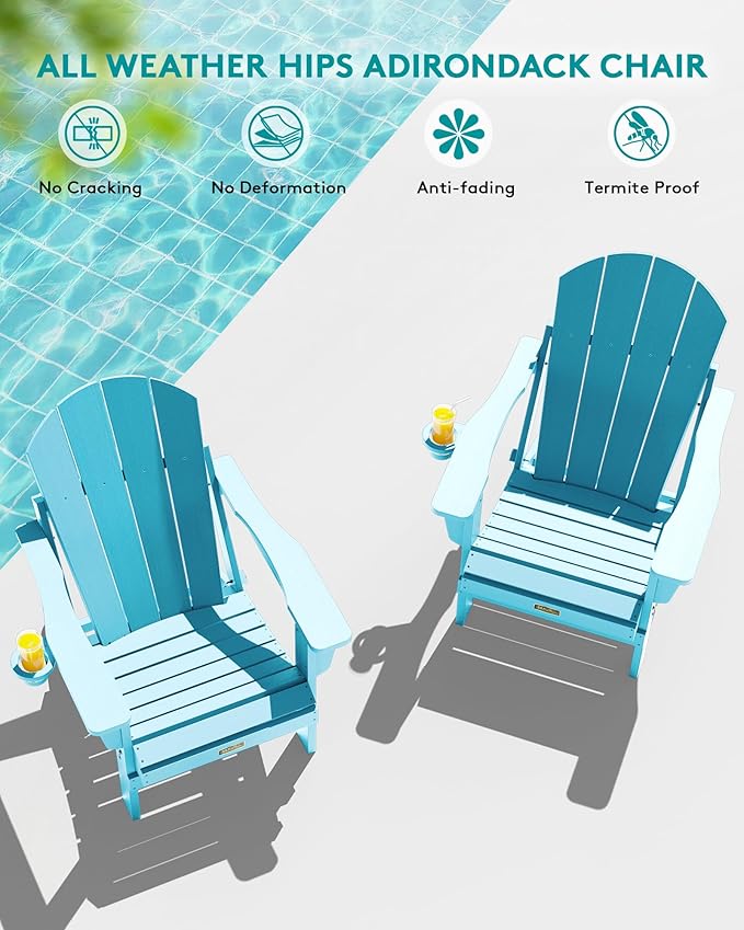 SERWALL Foldable Adirondack Chair Set of 4 for Patio Garden Outdoors- Aruba Blue
