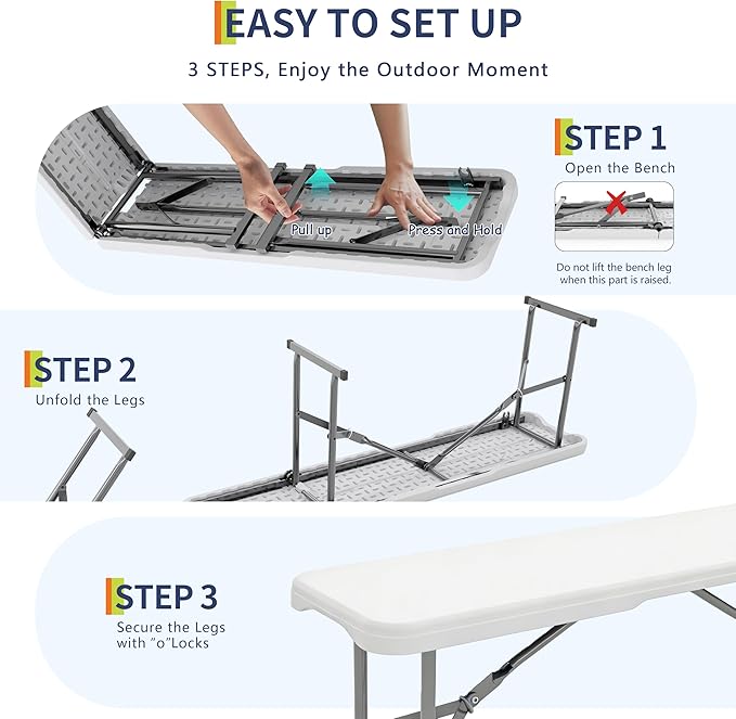 GarveeLife Portable Folding Bench 6 Foot 2 Pack, Plastic Foldable Bench HDPE BenchTop with Carrying Handle for Outdoor Picnic Camping Party Sports Activities - White