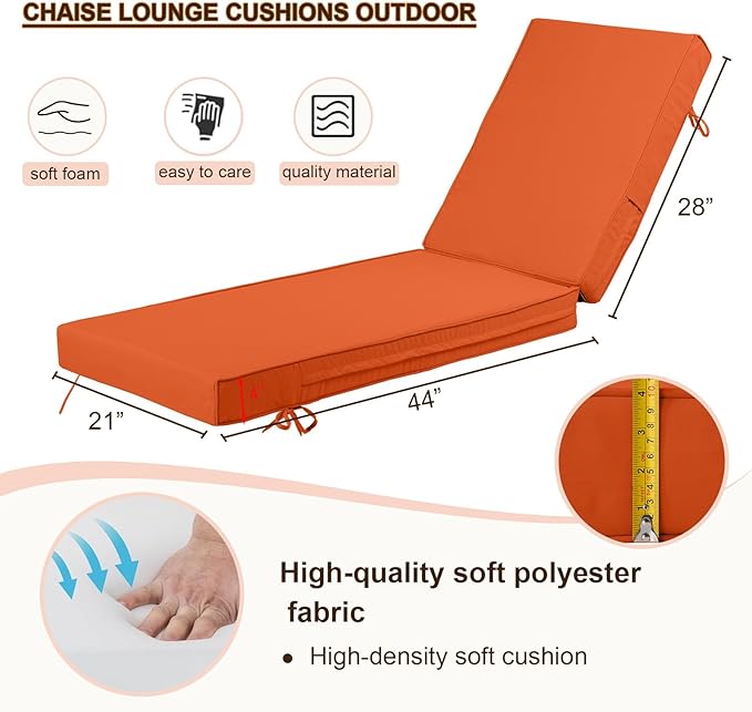 Chaise Lounge Cushions Outdoor Set of 2, Waterproof & Fade Resistant Patio Lounger Cushions, Replacement Sun Lounger Pads with Removable Cover for Pool, Deck, Lawn Furniture