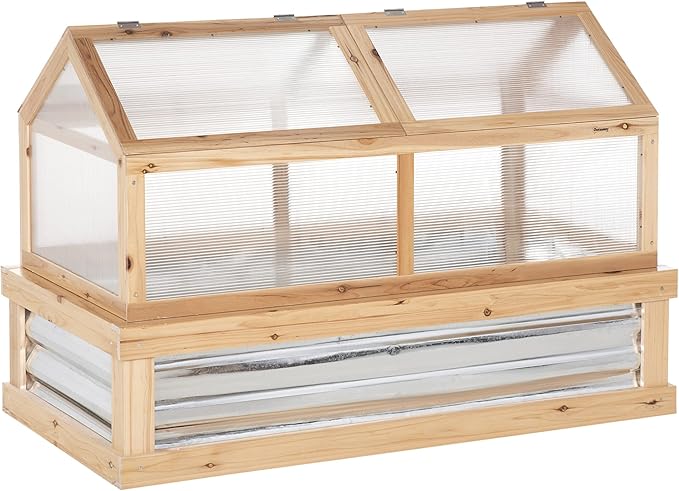 Outsunny Raised Garden Bed with Polycarbonate Greenhouse, Wooden Garden Cold Frame Greenhouse, Flower Planter Protection, 48" x 24" x 32", Natural