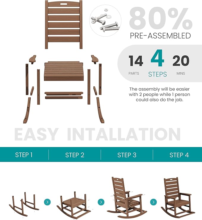 SERWALL Outdoor Rocking Chair, Oversized Rocking Chair with Footrest for Adults, HDPE All Weather Resistant Rocking Chairs for Patio, 350lbs Weight Capacity, Brown