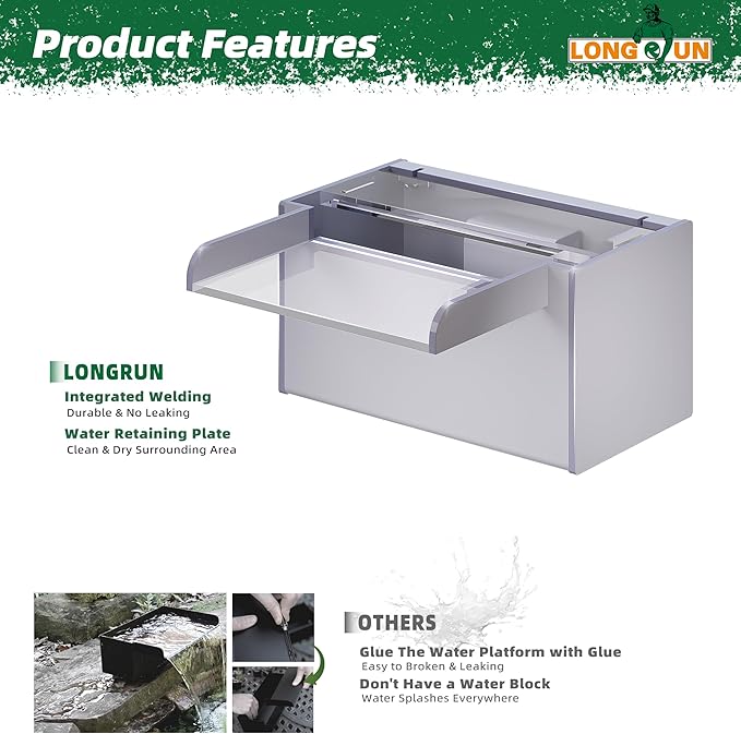 Longrun Pond Waterfall Box with Pump Kit, Transparent Acrylic Pond Waterfall Spillway with 396 GPH 1500L/H Pump for Ponds, Pond Spillway Color-Changing LED Light Strip for Garden (9.06")