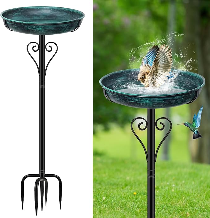 Metal Bird Bath for Outside, Vintage Freestanding Birdbaths with Metal Stake, Upgraded 5 Pronged Base Birdfeeder Feeder Bowl for Outdoors Garden Patio Yard Lawn Decor (Vintage Green)