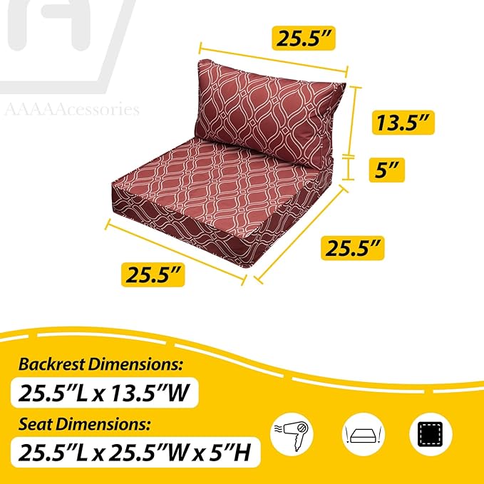 AAAAAcessories Outdoor Seat Cushions for Chairs, Fade-Resistant, Waterproof Patio Furniture Replacement Cushions, 25.5" x 25.5" x 5" + 25.5" x 13.5", Set of 4, Clay Red Vine Trellis