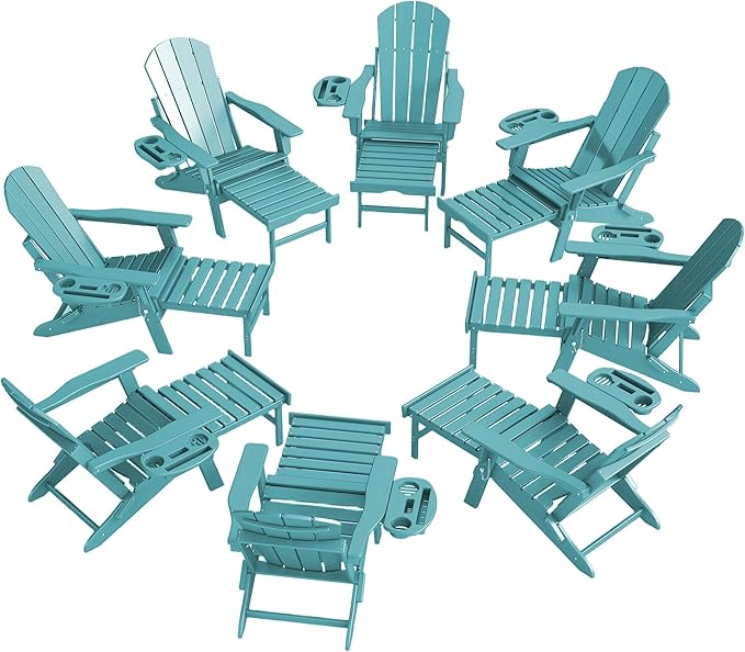 Adjustable Adirondack Chair with Retractable Ottoman Set of 8, HDPE Folding Adirondack Chair with Cup Holder, All Weather Fire Pit Chair for Outdoor.