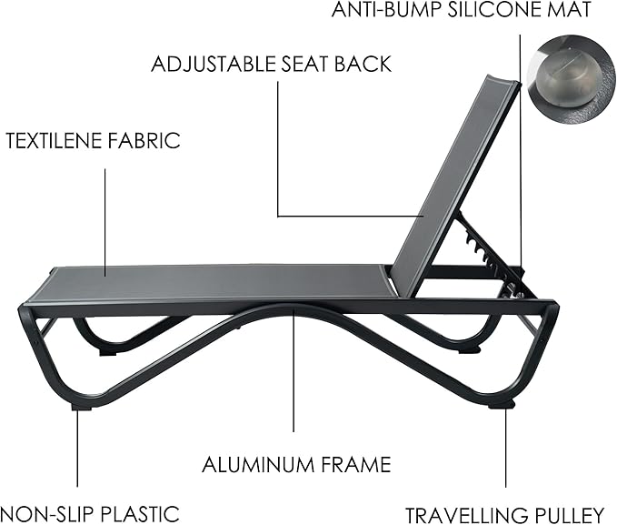 Kozyard Outdoor Chaise Lounge Chair, Full Aluminum Frame, Adjustable Reclining Patio Lounger for Poolside, Sunbathing & Backyard, Textilene (Gray, 2Chairs + Table)