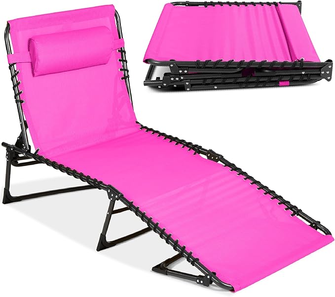 Best Choice Products Patio Chaise Lounge Chair, Portable Outdoor Folding Recliner for Lawn, w/ 8 Positions, Handles, 300lb Capacity - Dark Pink